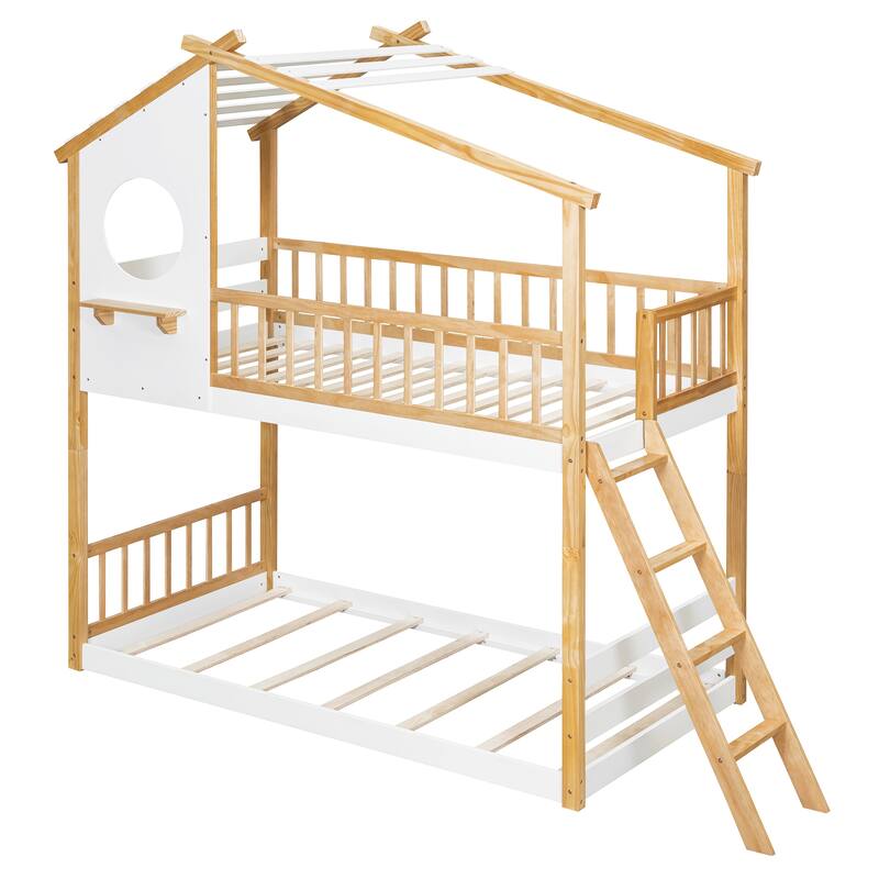 Twin Over Twin Wood Bunk Bed with Roof, Window, and Ladder