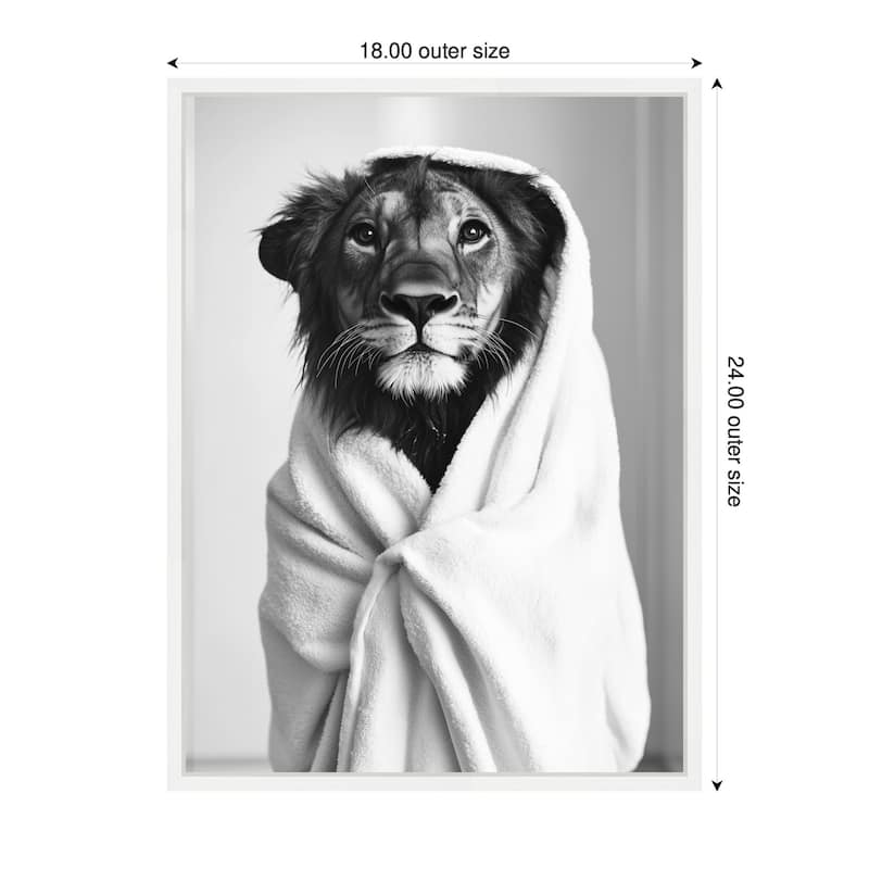 Kate and Laurel Sylvie Lioness Bathroom Art Towel Robe Black and White Framed Canvas by The Creative Bunch Studio