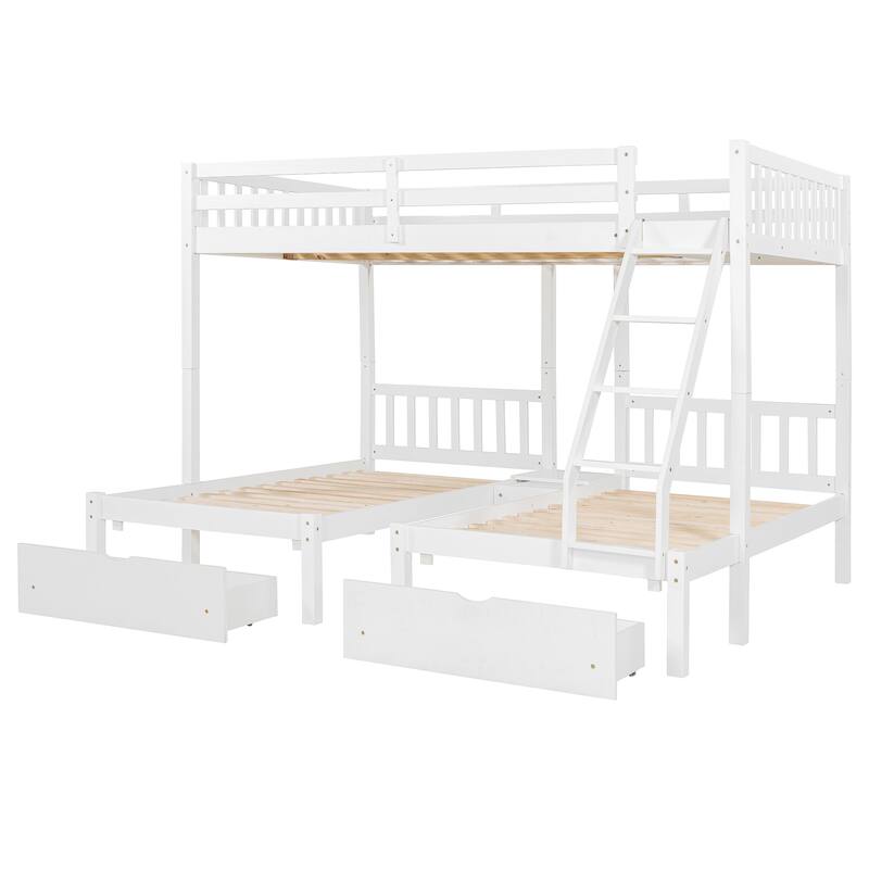 White Wood Triple Bunk Bed with Drawers, Full Over Twin & Twin, Guardrails Included