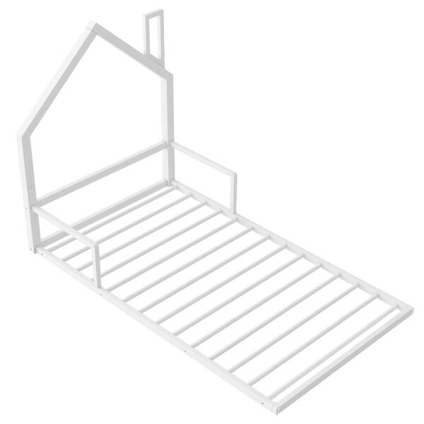 slide 2 of 6, Twin Size Metal Floor Bed with House-Shaped Headboard, Kids Bed Frame for Girls Boys Bedroom, No Box Spring Needed White White - Twin