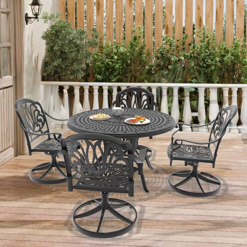 5-Piece Aluminum Round Outdoor Patio Dining Set, 4 Cushioned Swivel Chairs, Table, All-Weather Frames