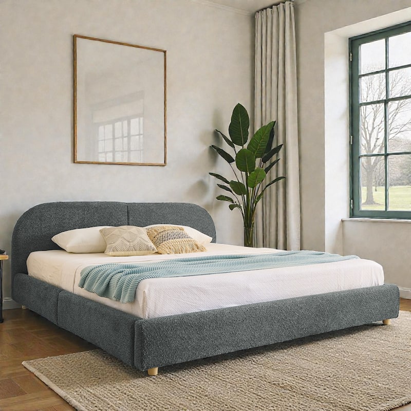 Upholstered Bed Frame with Tall Curved Headboard and Storage Drawers, Modern Minimalist Platform Bed No Box Spring - Drak Grey - King