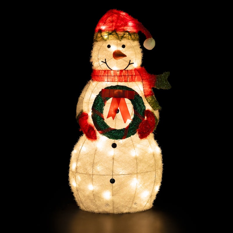 38" Lighted White Red Tinsel Snowman Wreath Outdoor Christmas decor