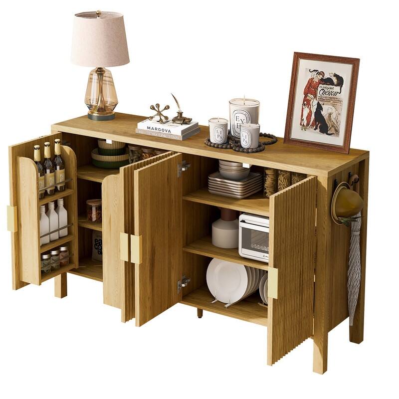 Modern 57.5" Fluted Door 4-Door Sideboard with Side Hooks and Adjustable Shelves