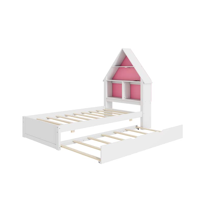 Twin Size House-Shaped Bed with Bookcase Headboard and Led Light and Twin Size Trundle for Kids Boys Girls