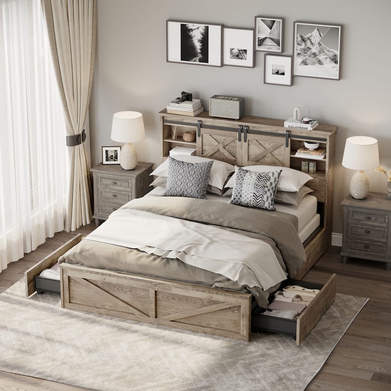 Queen Size Platform Bed with LED Headboard And Charging Station , Barn Door Design, App-Controlled RGB Lights
