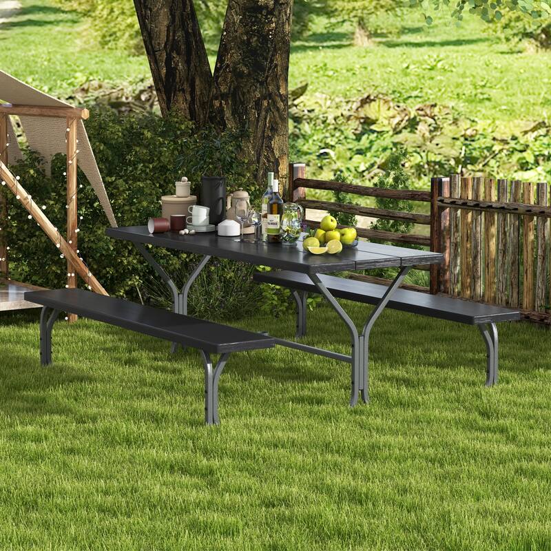 72 Inch 8-Person Outdoor Picnic Table and Bench Set with HDPE Wood-Texture Top and with Built-in Umbrella Hole - Black
