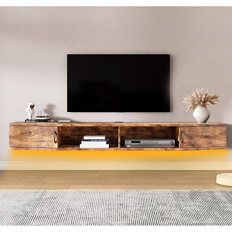 LED Floating TV Stand with Charging Station for 80 inch TV - Brown