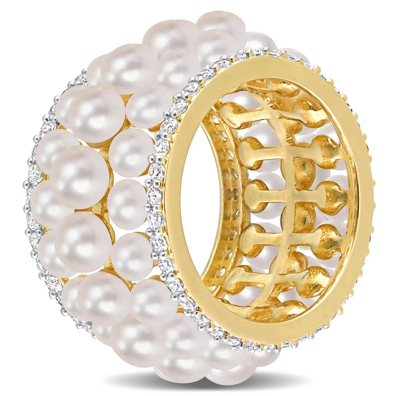 Miadora Cultured Freshwater Pearl and 1 3/5ct TGW Created White Sapphire Triple Row Ring in Yellow Silver