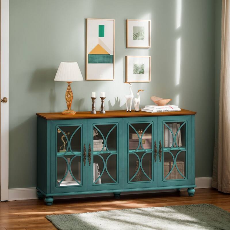 59.45" Antique 4-Door Cabinet with Tempered Glass Doors, Retro Buffets Sideboards, European Hallway Accent Cabinet