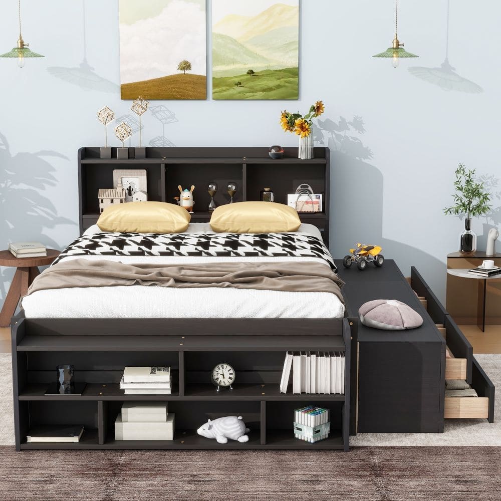 Full Bed with Bookcase Headboard, Under bed Storage Drawers and Bed End Storage Case
