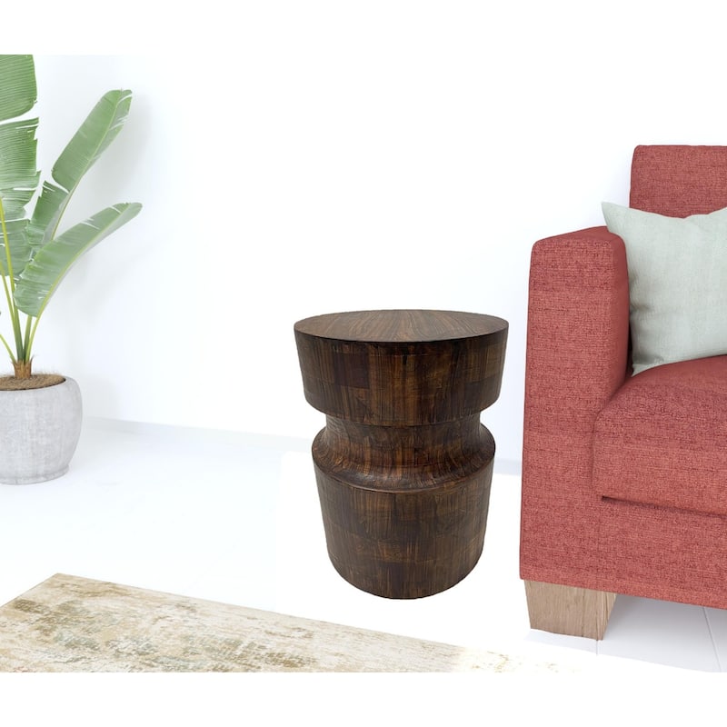 Brown Solid Wood Drum End Table with Natural Finish Handcrafted 16 Inch - 12” x 12” x 16” (D x W x H)