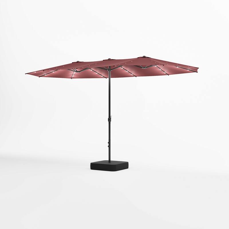 15ft Solar LED Double Patio Umbrella with Base, Extra Large Twin Outdoor Market Umbrella with 36 Lights, 180g Polyester Canopy