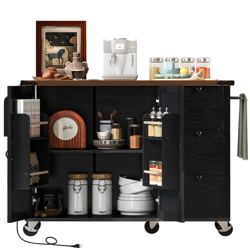 Anmytek Black Farmhouse Kitchen Island Cart with Drop Leaf and Outlets - Rolling Cart with Drawers and Spice Storage