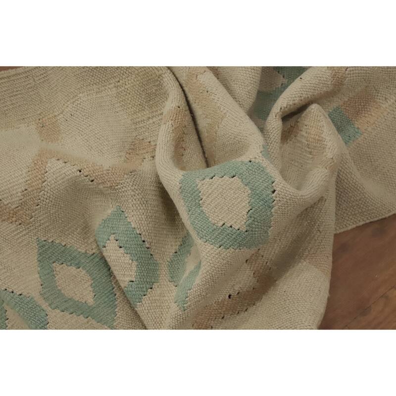 Hand Woven Oriental 100% Wool Carpet Southwestern Tribal Beige & Ivories Kilim Runner Rug - 5' 8'' X 2' 0''