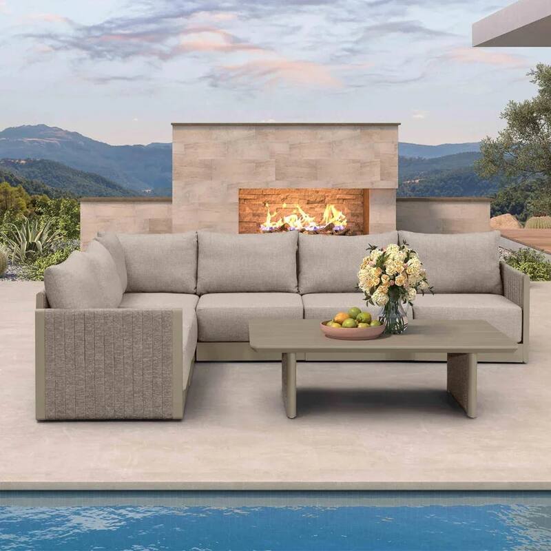 PURPLE LEAF Sanori Patio Conversation Set with Grey Ottoman and Cushion Patio Sofas Sectional Set for Poolside Graden - 6+1-Piece