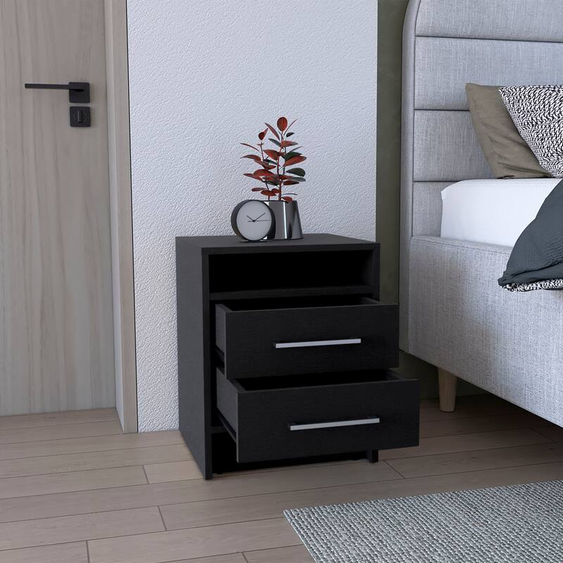 Modern Black Two-Drawer Nightstand with Open Shelf, Versatile Storage Cabinet for Bedroom and Living Room