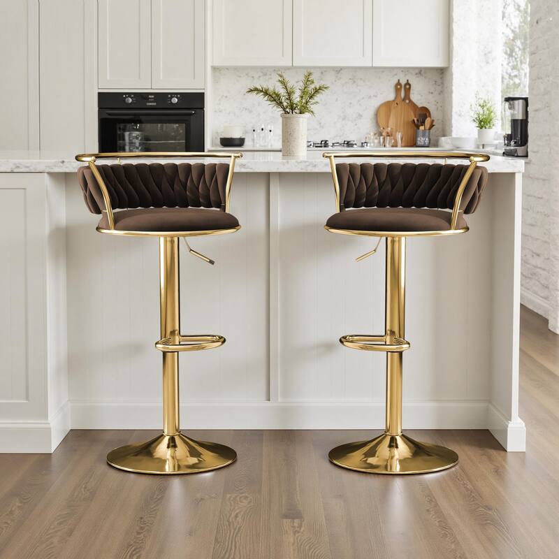 Velvet Upholstered Adjustable Bar Stool Swivel Counter Chair Set of 2 - Coffee/Gold - Set of 2