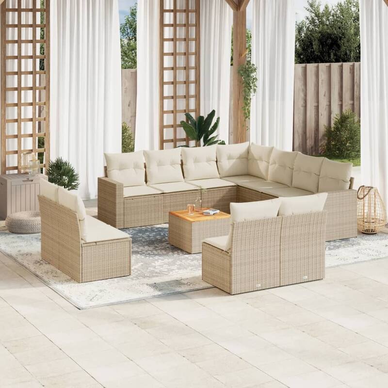 vidaXL Patio Sofa Set with Cushions Outdoor Furniture 12 Piece Poly Rattan - 21.7 x 21.7 x 14.6 - Beige and Cream
