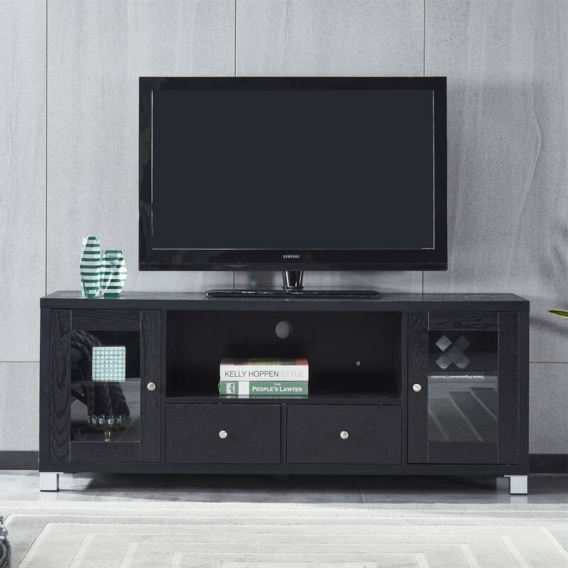 Wood TV Stand with Adjustabel Shelves and Glass Doors - Black