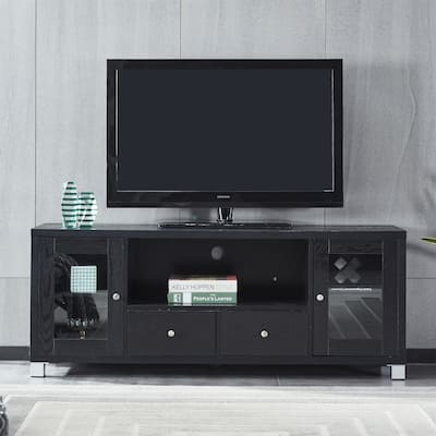 Wood TV Stand with Adjustabel Shelves and Glass Doors