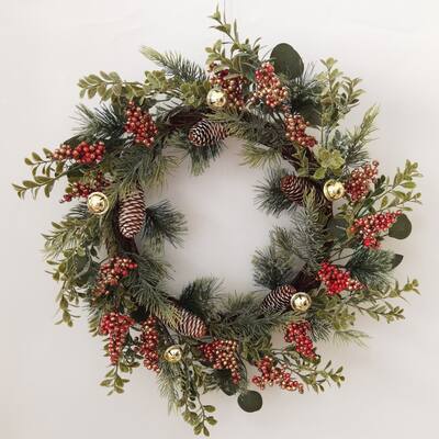 20" Pine Cone Grapevine Glitter Christmas Wreath with Bells - Green＆Red