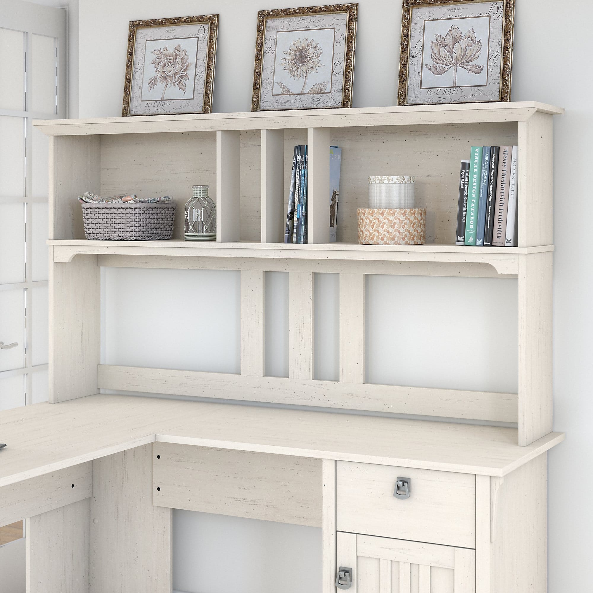 Bush Furniture Salinas Antique White Hutch for Lshaped Desk On Sale