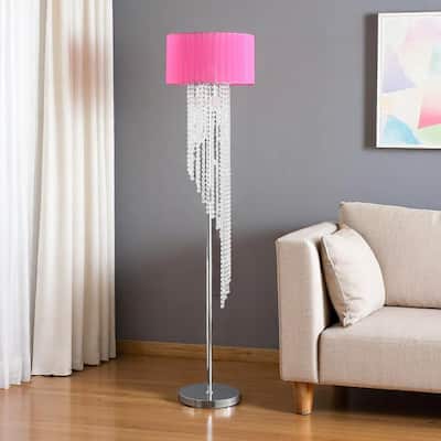 HomeRoots 53" Clear And Silver Crystal And Metal Floor Lamp With Hot Pink Linen Drum Shade