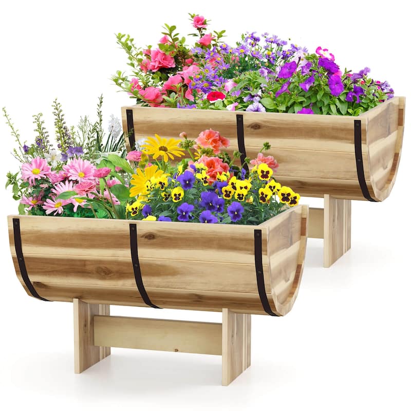 Costway 1/2 PCS Outdoor Wooden Planter Solid Acacia Wood Half-Barrel - Natural - 2 PCS