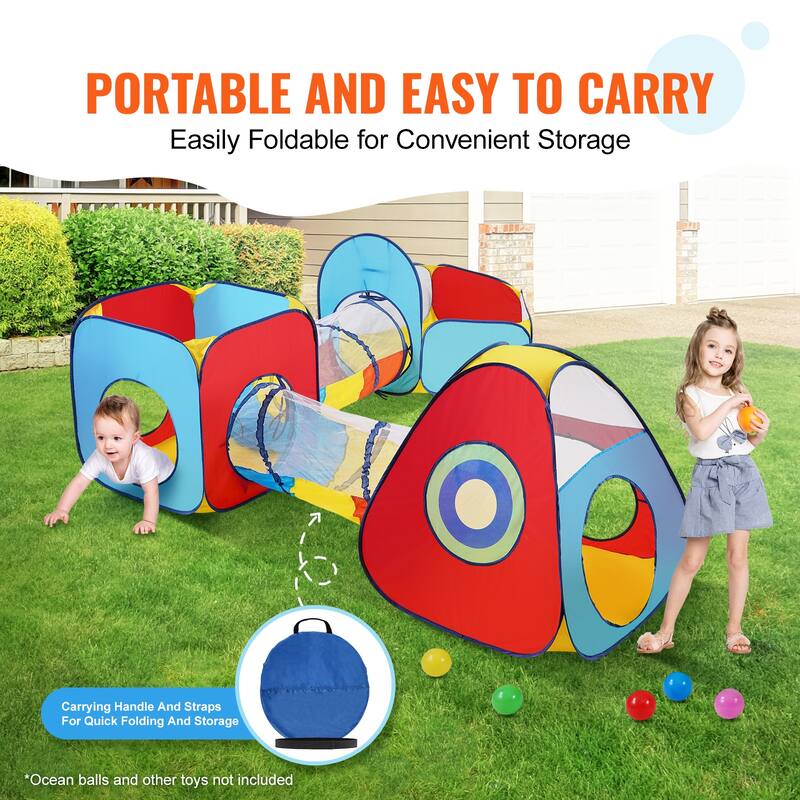VEVOR 5 in 1 Kids Play Tent with Tunnel, Basketball Hoop for Boys, Girls, Red/Yellow/Blue - 5paragraphs