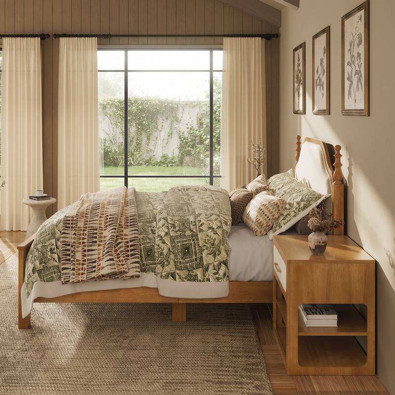 Classic Turned Post Wood Bed Frame with Upholstered Headboard, Sturdy Screw-Free Slats and Noise-Free Support