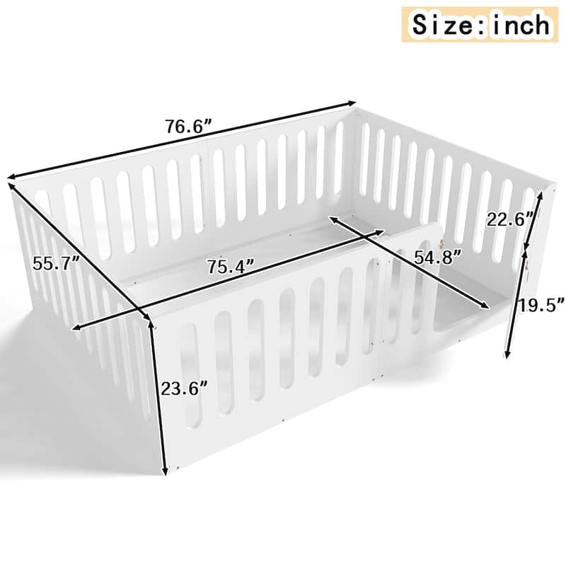 Full Size Floor Bed with High Fence for Kids, Solid Wood Kids Montessori Bed with Door, No Box Spring Needed Design