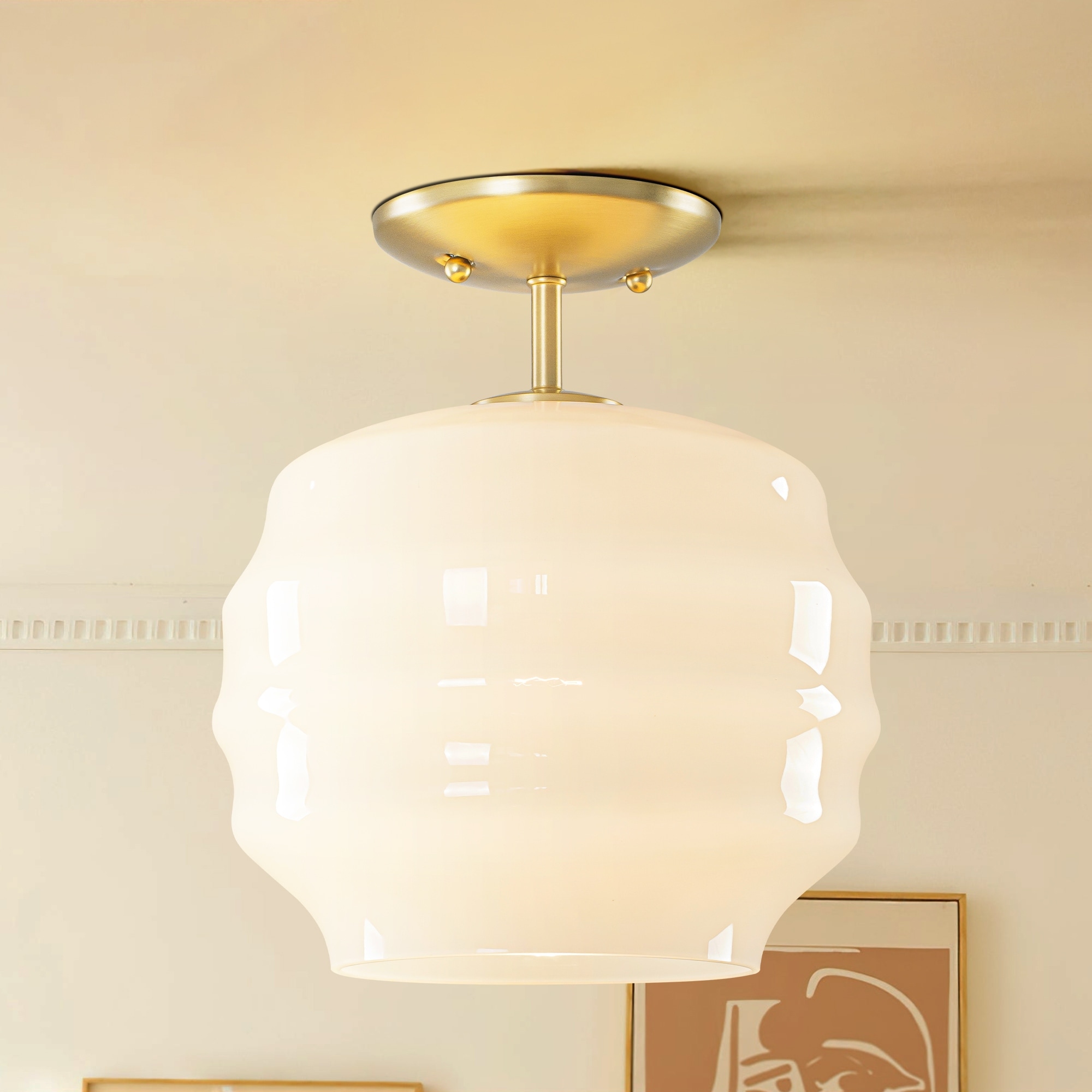 1-Light Retro Modern Glass Gold Flush Mount Ceiling Light for Living Room & Bedroom - 9.4 in. W x 11 in. H