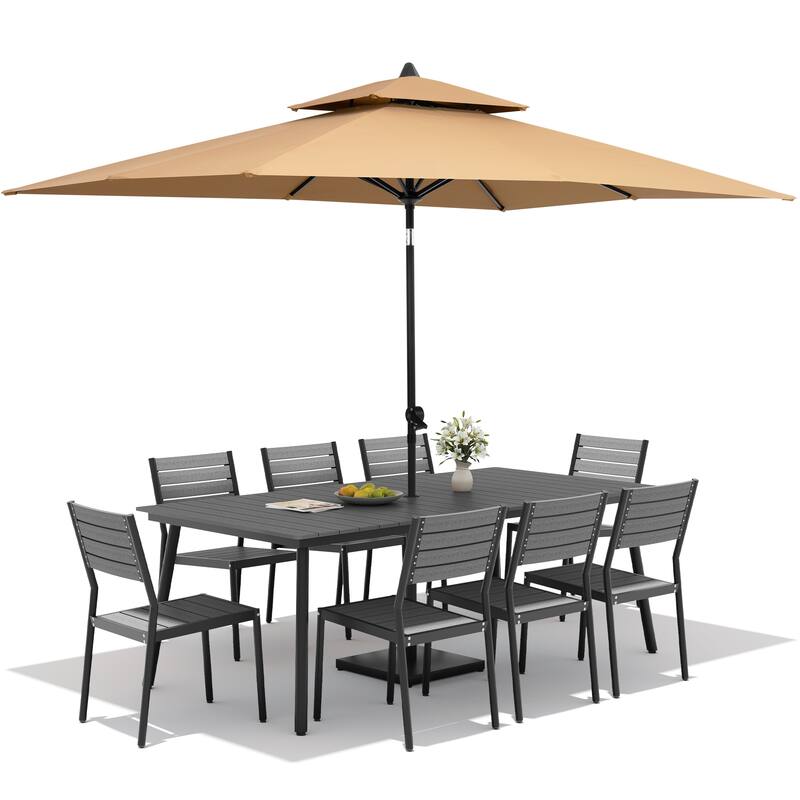 11 PC Outdoor Patio Dining Set Wood-Like Aluminum Umbrella Hole Table with Stackable Chairs,Double Top Market Umbrella and Base
