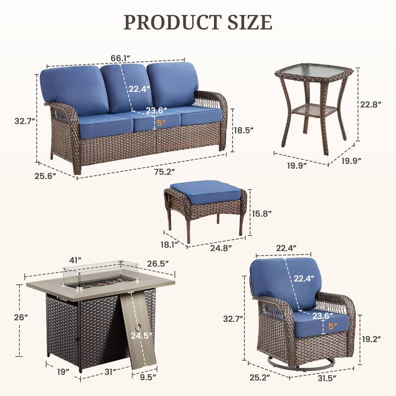 Pocassy Patio Sofa Ottoman Swivel Chair Table with Fire Table Funiture Set.