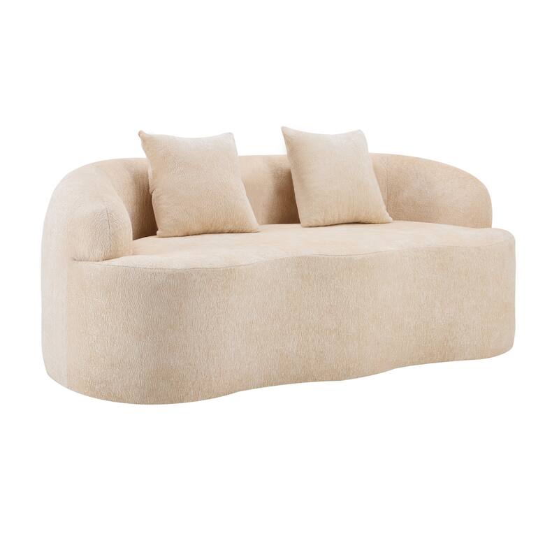 Beige Curved Loveseat Sofa With Round Armrest, Compression Couch With 2 Pillows, Cream Couch For Small Space