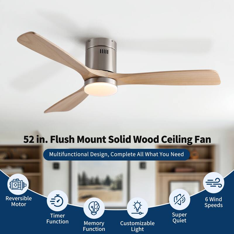 52 inch Mordern Cozy Natural Style Solid Wood Low Profile Flush Mount Intergrated LED Ceiling Fan with Light - Brushed Nickel