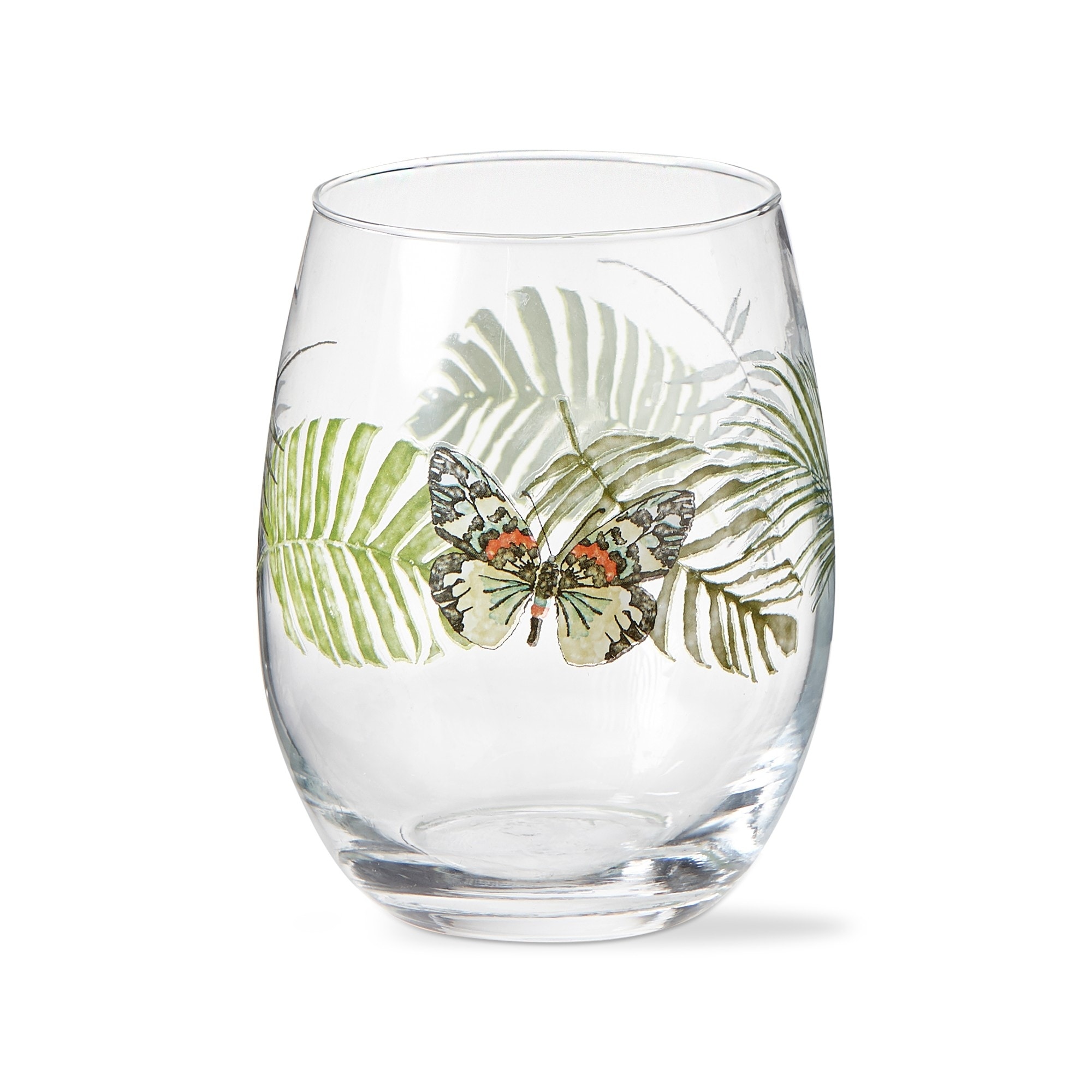 Palm Leaf with Butterfly Clear Stemless Wine Glass Dishwasher Safe, 18 oz.