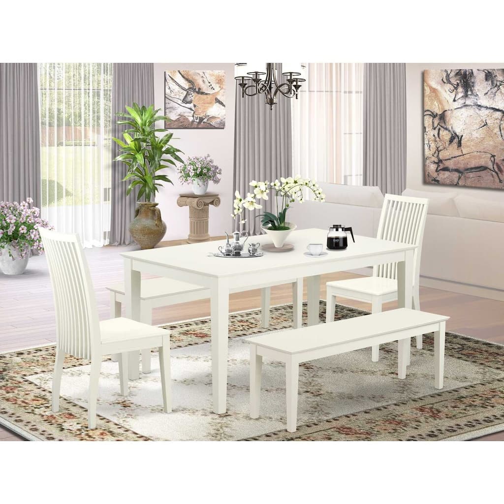 HomeStock 5-Piece Rectangle Linen White Finish Solid Wood Top Dining Table with 2 Benches, 2 Chairs with Lattice Back