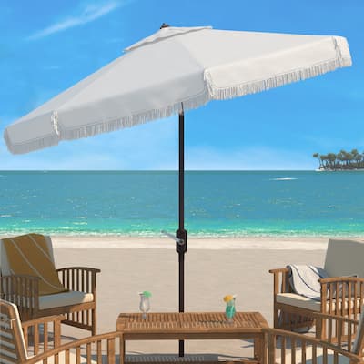 SAFAVIEH Outdoor Living Milan Fringe 11Ft Round Crank Umbrella.