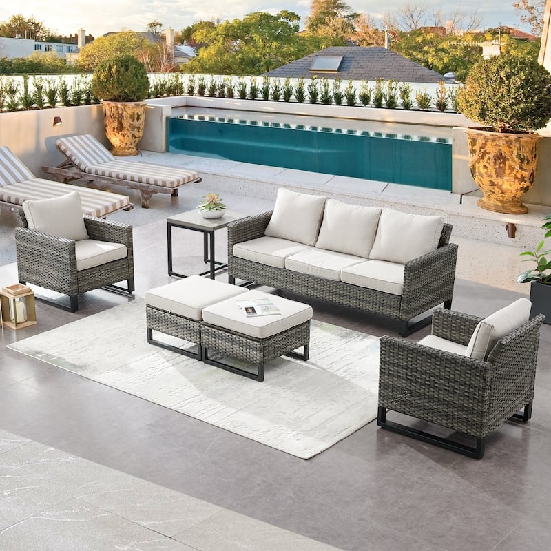 6 Piece 3-Seat Sofa Chair Table Set - Beige - Grey