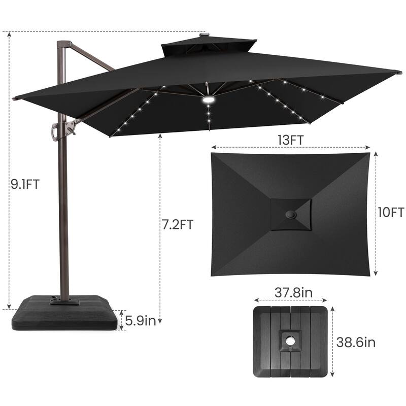 10 FT * 13 FT Outdoor Patio LED Lighted Cantilever Umbrella with 4-Piece Fillable Weighted Base