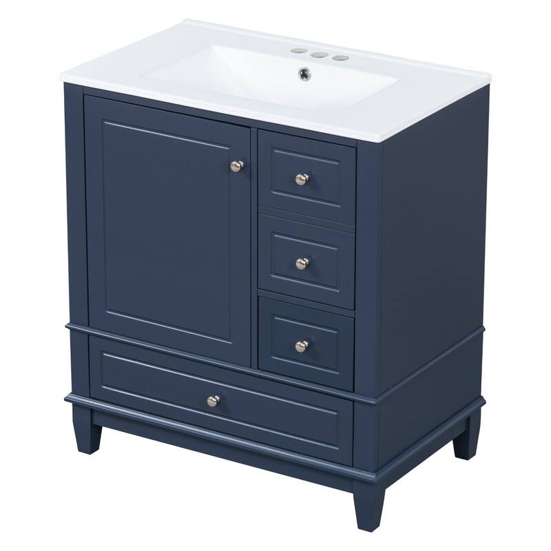 30" Bathroom Vanity with Ceramic Sink, Freestanding Bathroom Vanity Cabinet w/ 3 Storage Drawers, 1 Soft Close Door & Door Shelf