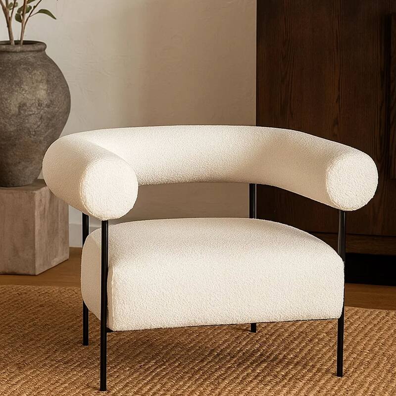 Accent Chair, Ivory Boucle Upholstery, Barrel Design, 39 Inch