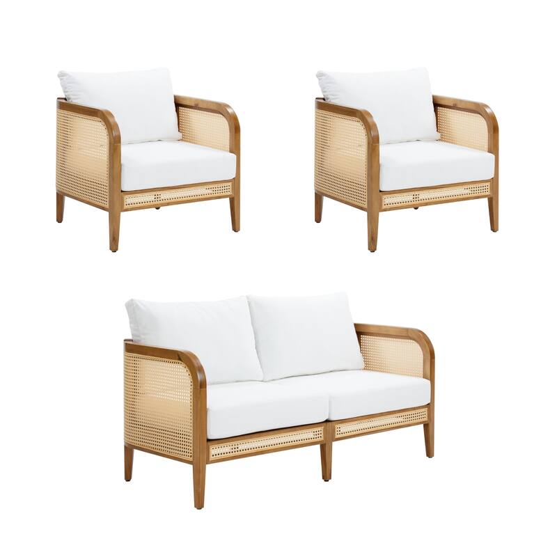 Twila Bohemian Outdoor Upholstered Rattan Patio Seating with Solid Wood Frame