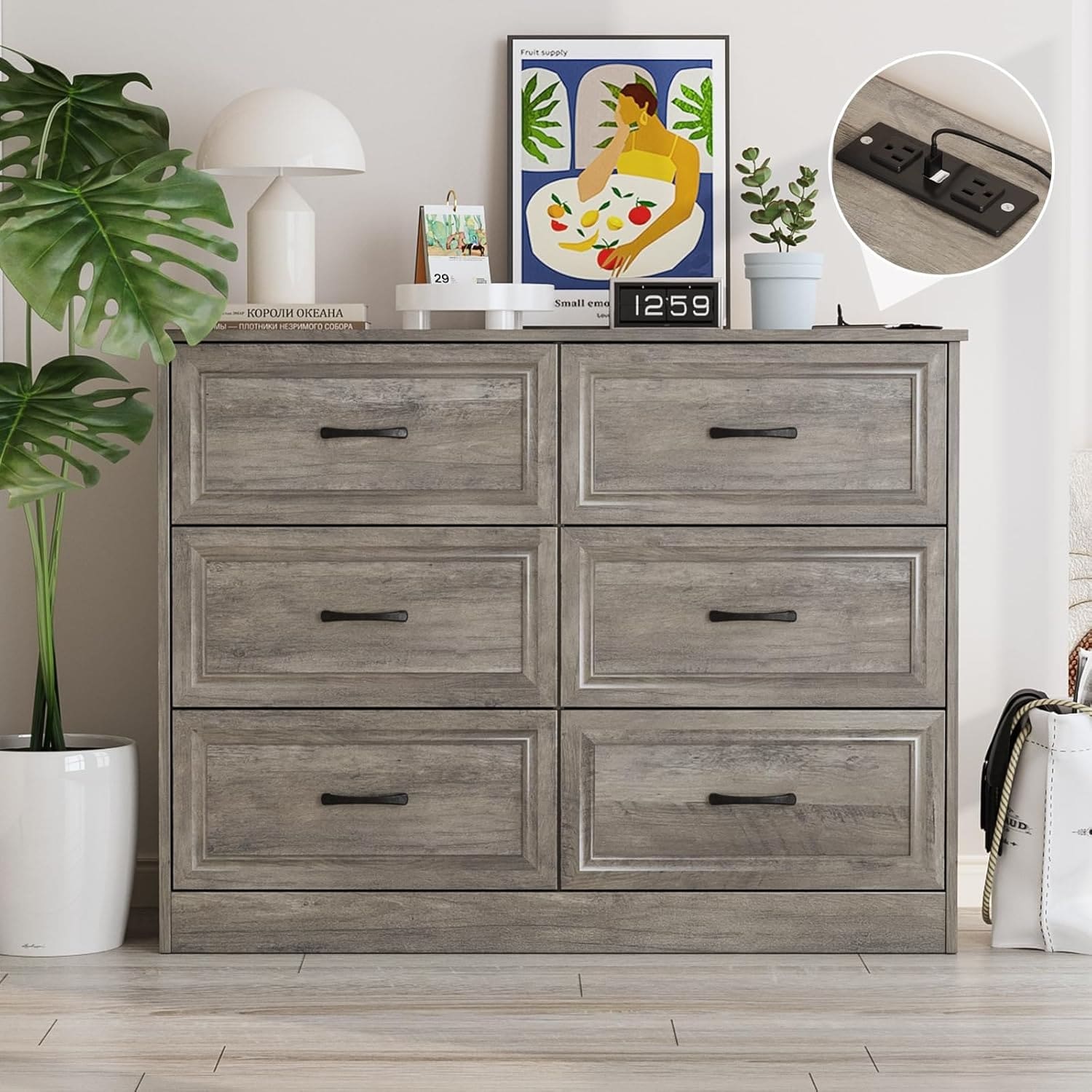 6 Drawer Tall Dresser with Charging Station, Ash Grey Wood & Metal Handles, Sturdy Storage Organizer