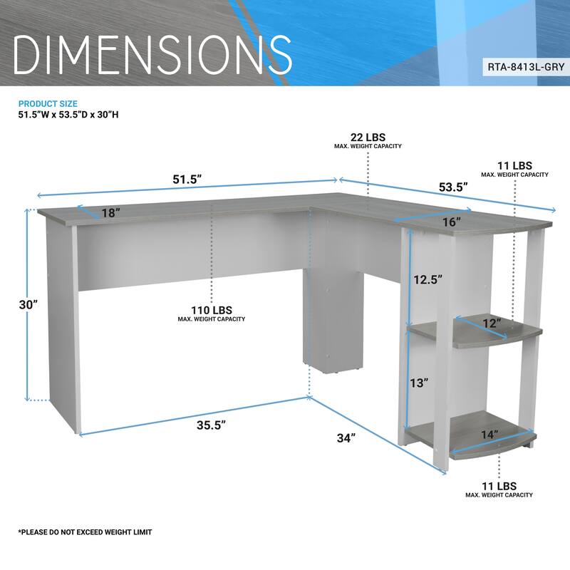 Modern L-Shaped Desk with Side Shelves, Grey