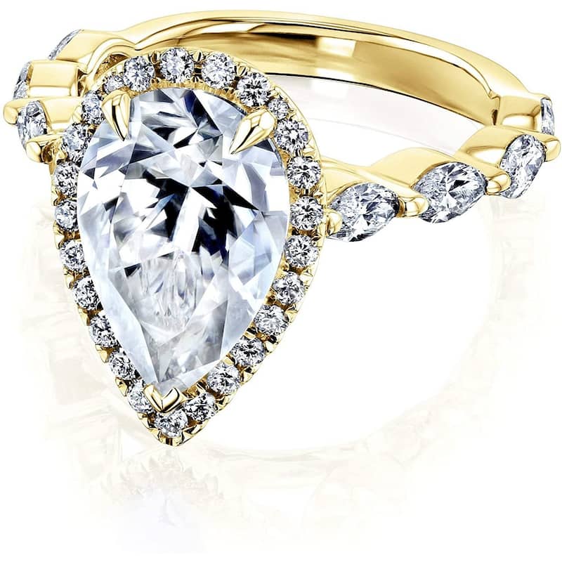 Kobelli 4.4 Carat Moissanite & Diamond 14k Solid Gold Pear Halo Scallop Band Cathedral Cristina Ring (GH/VS, DEF/VS)
