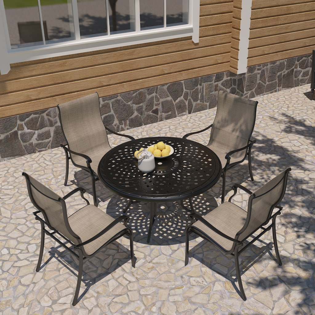 Cast Aluminum 5-Piece Outdoor Patio Dining Set with Textilene Chairs