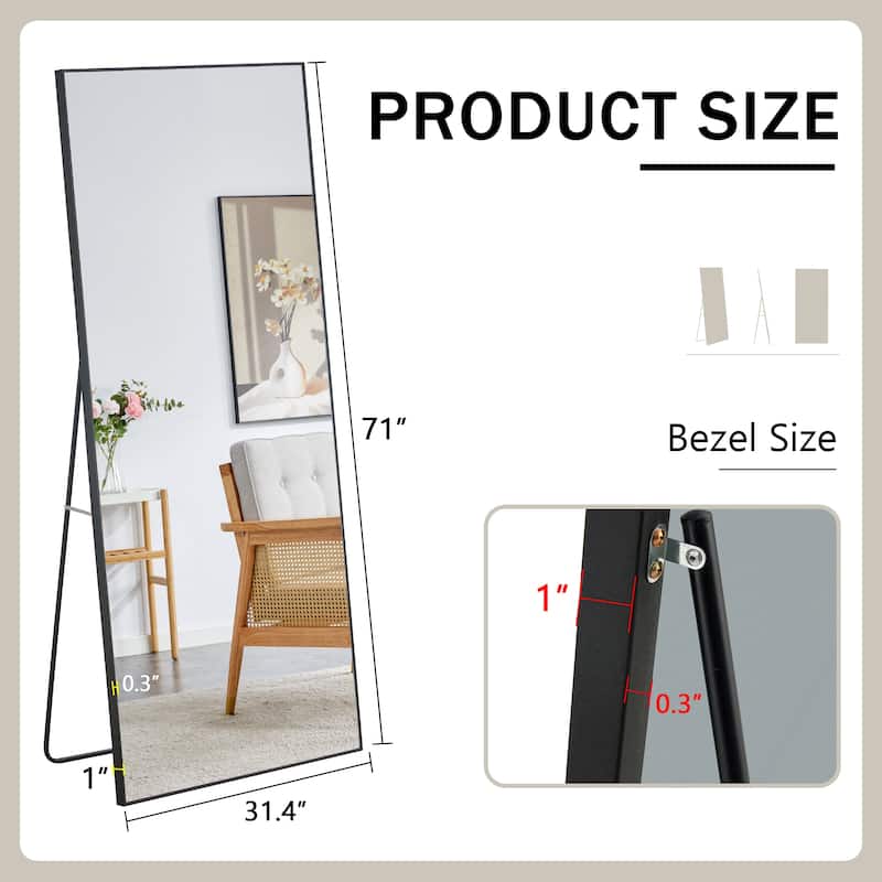 Roomfitters Full-Length Mirror with Black Solid Wood Frame, 71"x31.4" Floor Standing or Wall-Mounted Dressing Mirror
